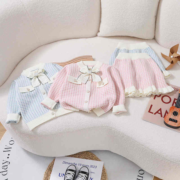 Sweater Skirt Bow Knitted Girls Two Piece Suit