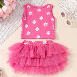 Rose-red Sleeveless Blouse Puffy Skirt Two-piece Set