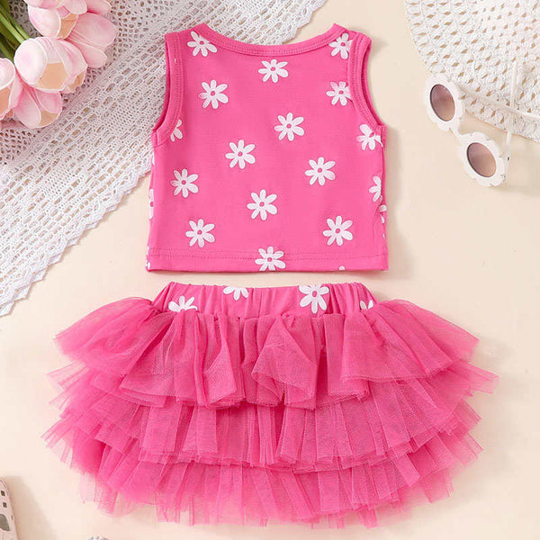 Rose-red Sleeveless Blouse Puffy Skirt Two-piece Set