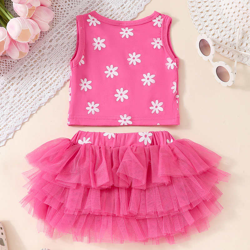 Rose-red Sleeveless Blouse Puffy Skirt Two-piece Set