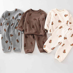 Bear Print Waffle Crew Neck Two-piece Set