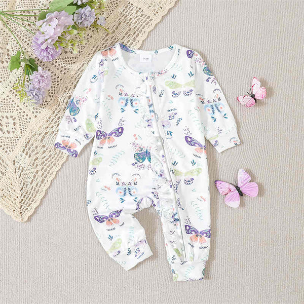 Zippered Baby Flower Print Long Sleeve Romper