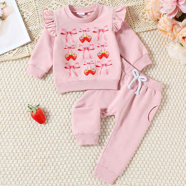 Bow Strawberry Print Flying Sleeves Baby Two-Piece Set