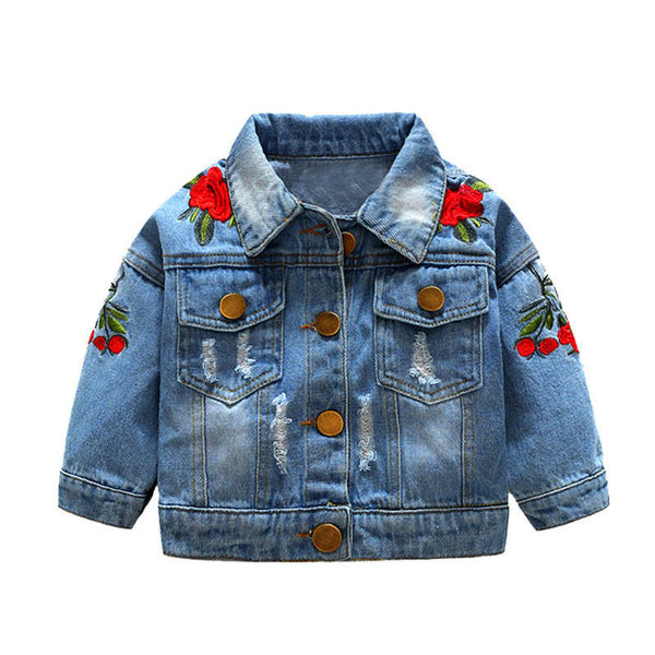 Children's Denim Jacket with Holes and Rose Embroidery