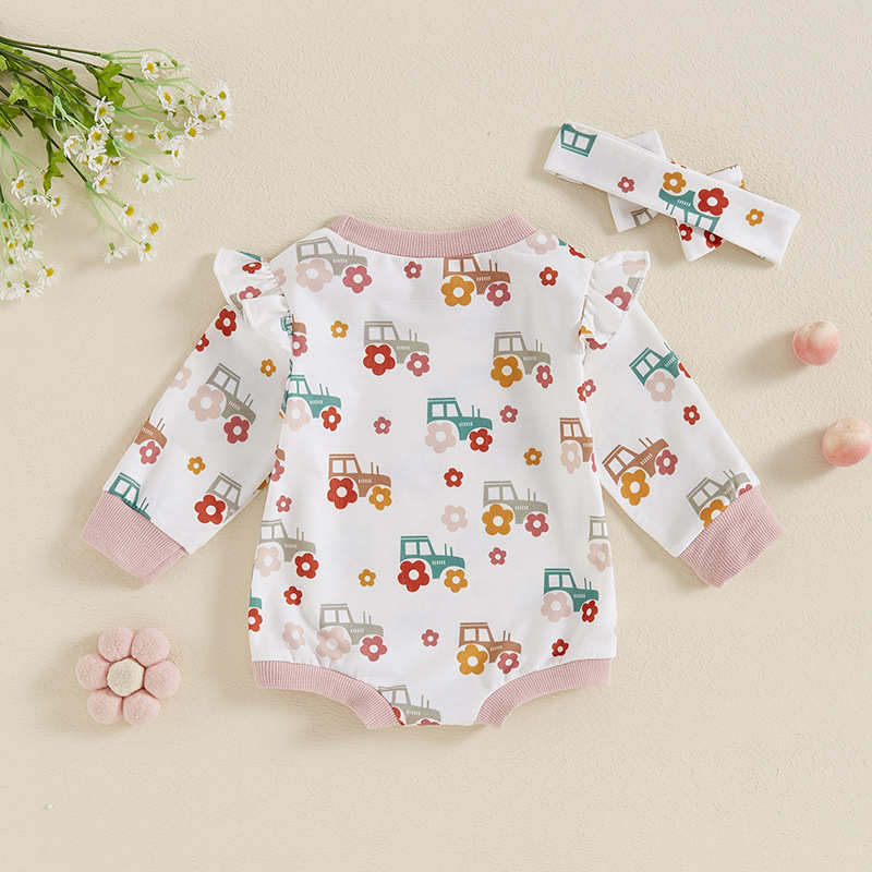 Cute Girls Truck Print Long Sleeve Romper