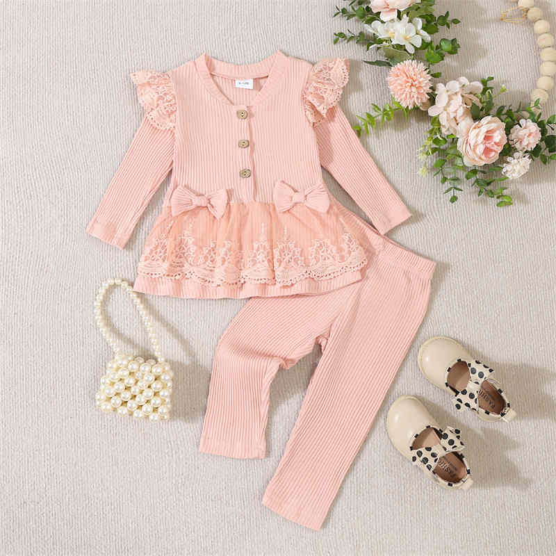 Solid Color Lace Bow Long Sleeve Trousers