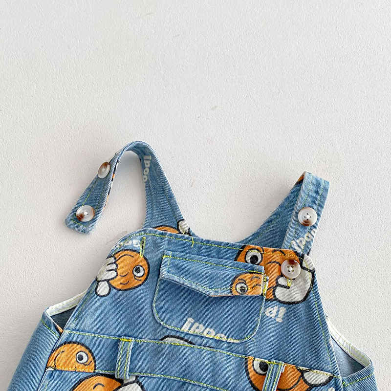 Cartoon Denim Printed Overalls + Hat