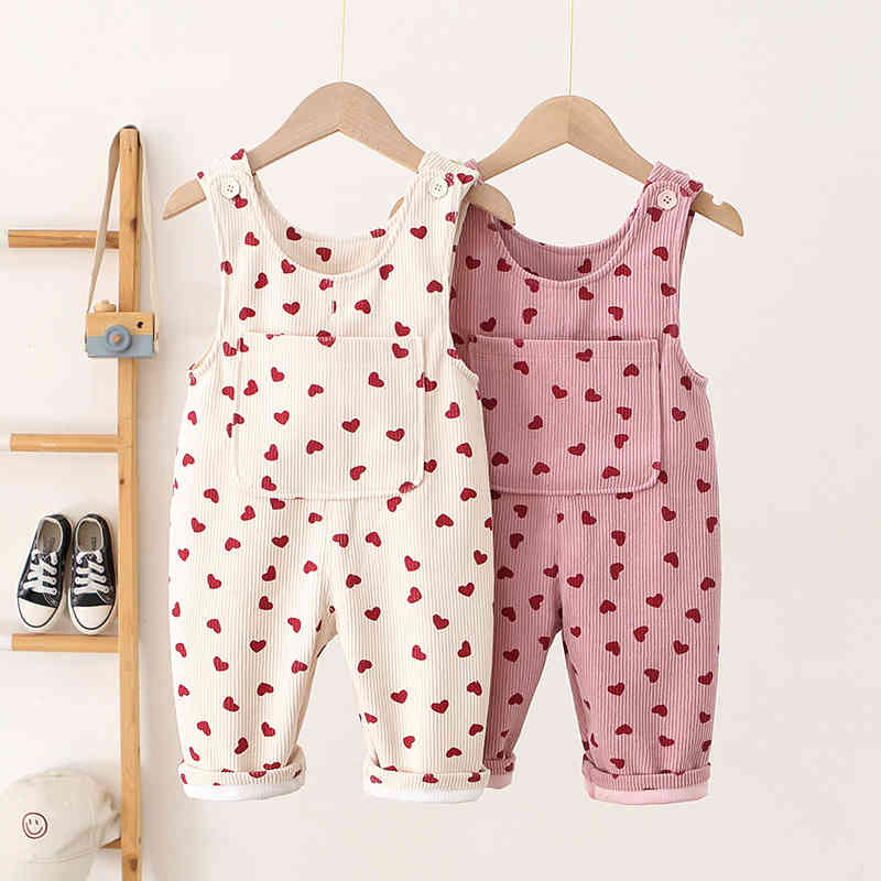 Girls Heart Print Corduroy Jumpsuit