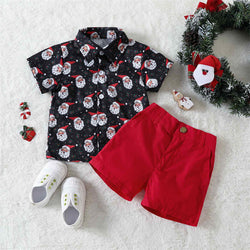 Santa Claus Print Short Sleeve Shirt Two-Piece Set