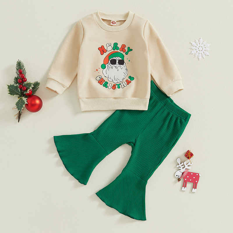 Santa Claus Pattern Top + Flared Pants Two-piece Set