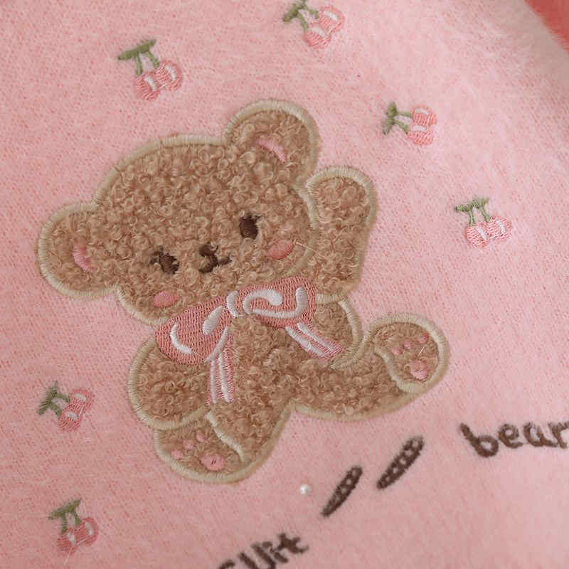 Bear Embroidered Furry Knitted Sweater