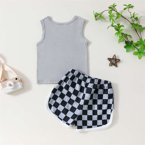 Baby Letter Printed Sleeveless Top Plaid Shorts