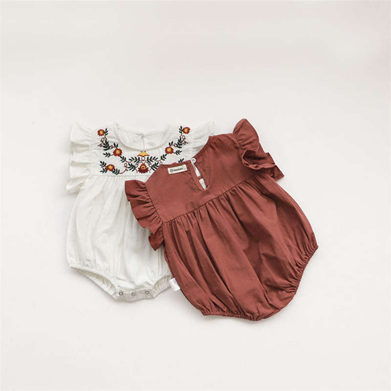 Brown-red Embroidered Romper for Baby