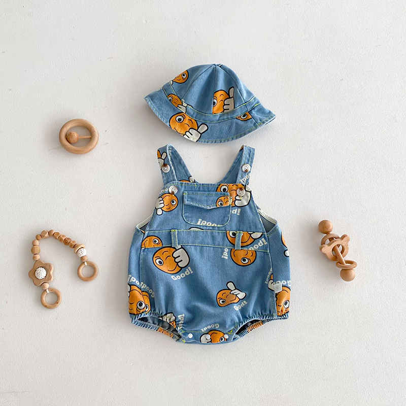 Cartoon Denim Printed Overalls + Hat