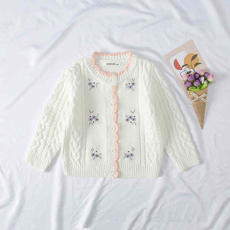 Girls' Knitted Sweater with Embroidered Flowers