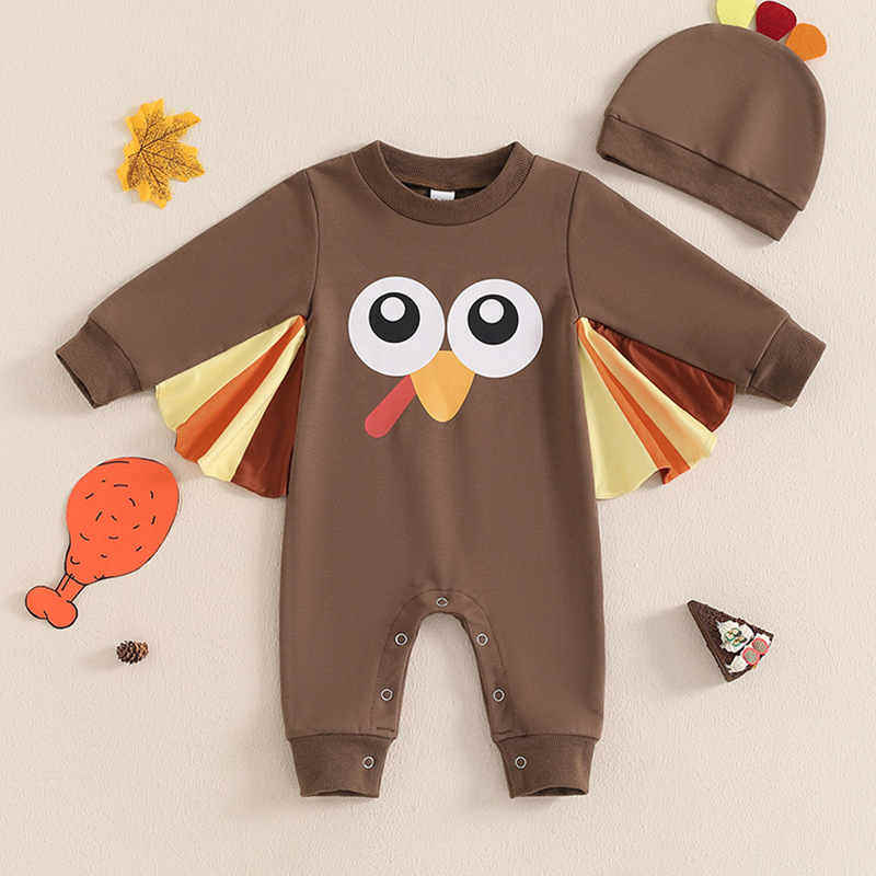 Newborn Turkey-shaped Printed Romper + Hat