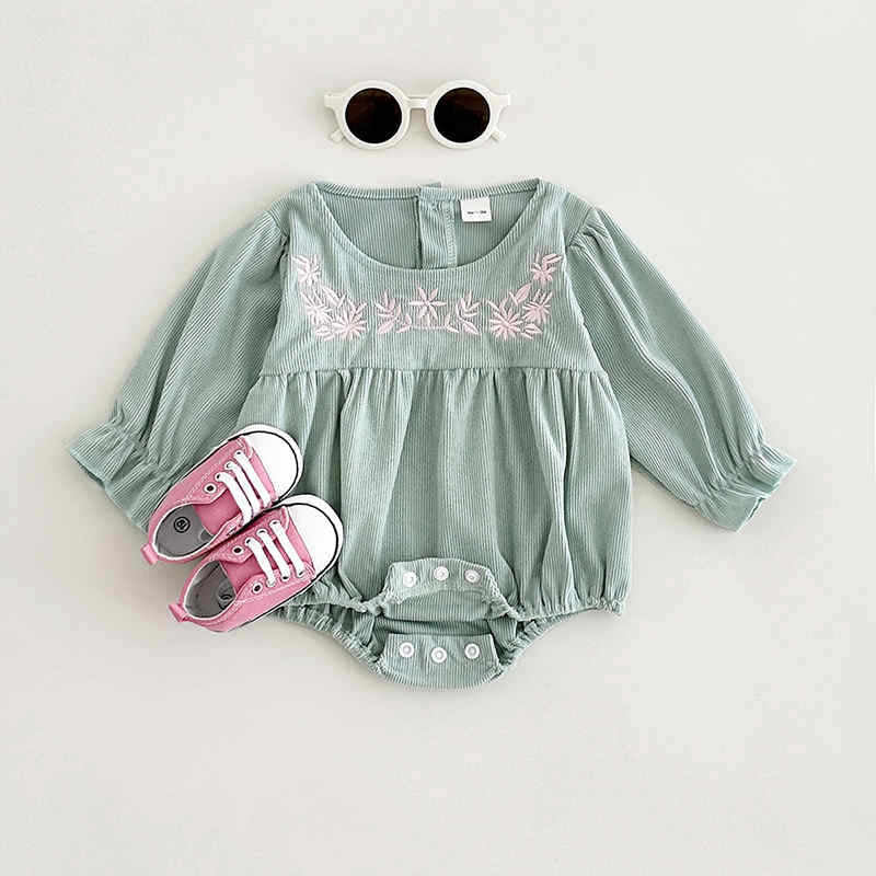 Corduroy Long-sleeved Floral Embroidered Baby Girl Bodysuit