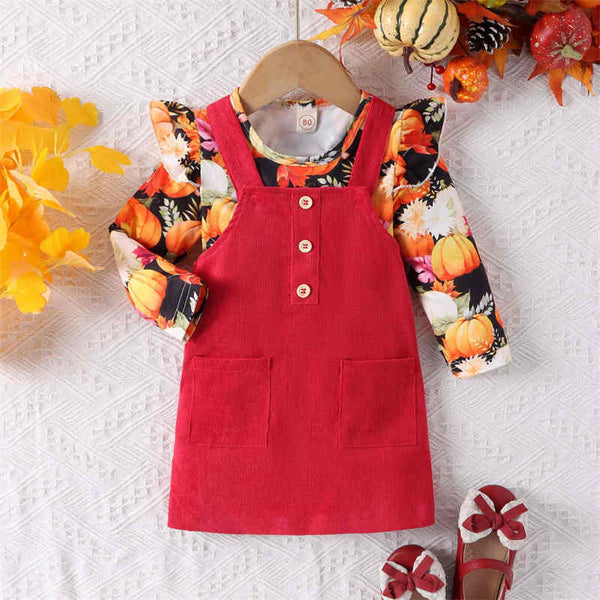 Pumpkin Print Corduroy Suspender Skirt 2-Piece Set