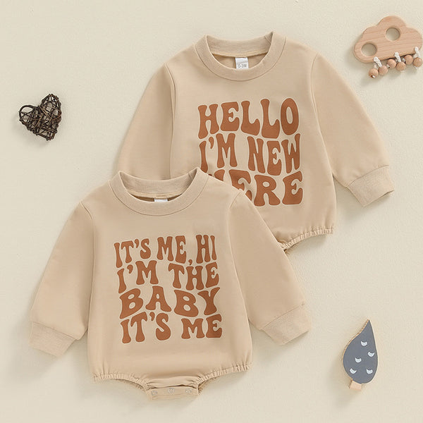 Boys and Girls Letter Print Round Neck Long Sleeve Romper