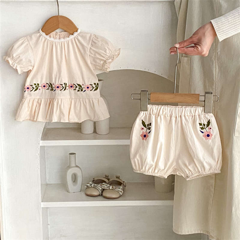 Round Neck Embroidered Shirt and Shorts Suit