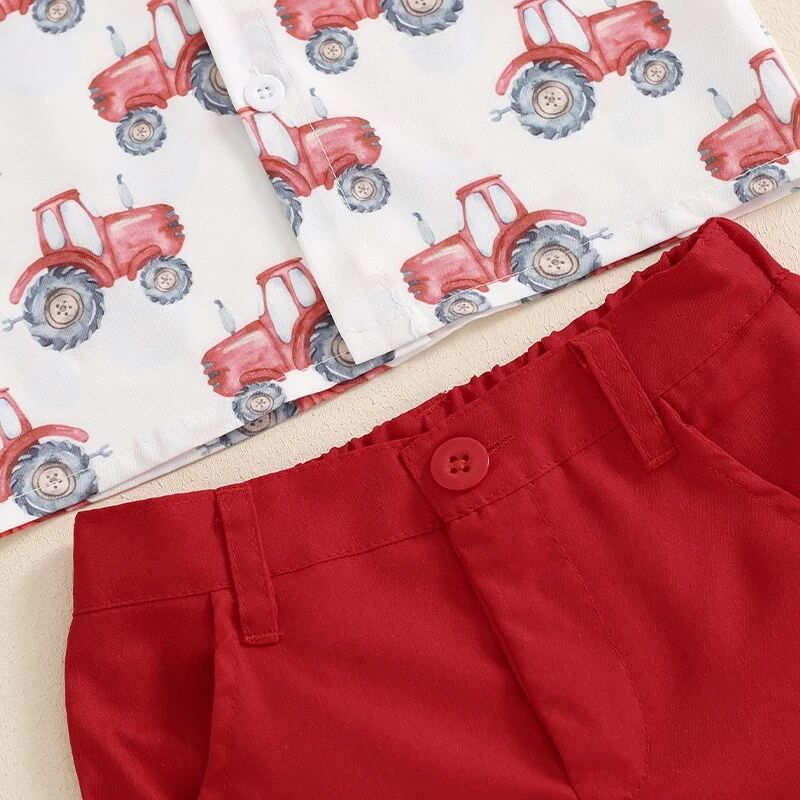 Children's Tractor Print Short-sleeved Shirt and Shorts Set