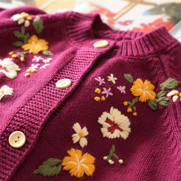 Wine Red Embroidered Children Knitted Sweater