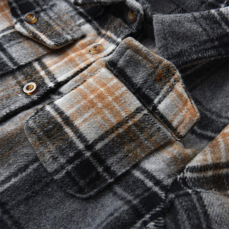 Plaid Brushed Shirt Thickened Grey Long Sleeve Top