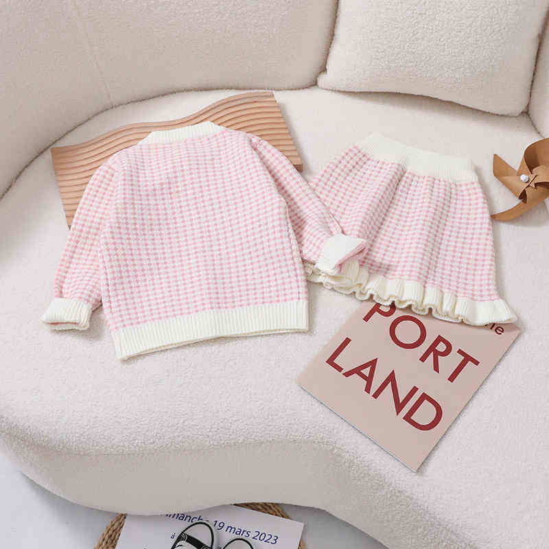 Sweater Skirt Bow Knitted Girls Two Piece Suit