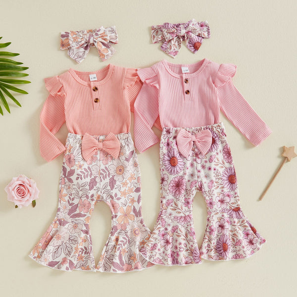 Baby Girl Long Sleeve Romper + Flower Flared Pants