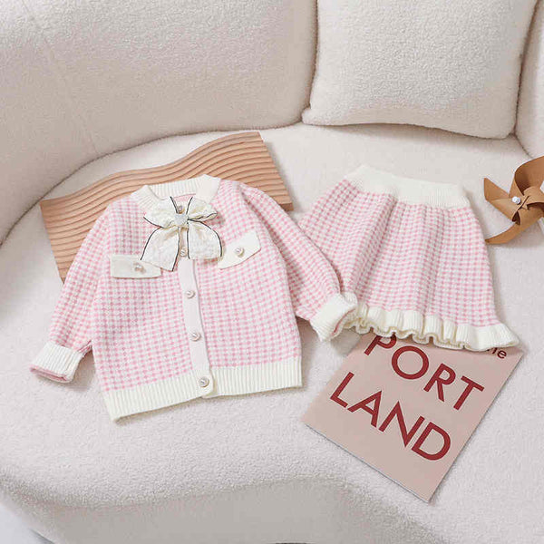 Sweater Skirt Bow Knitted Girls Two Piece Suit