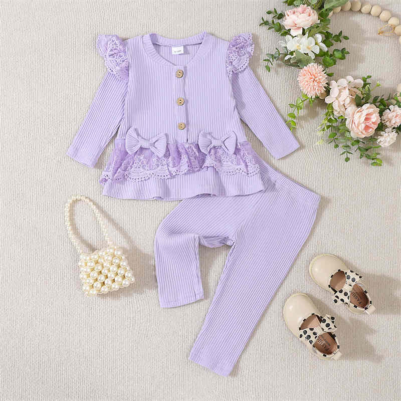 Solid Color Lace Bow Long Sleeve Trousers