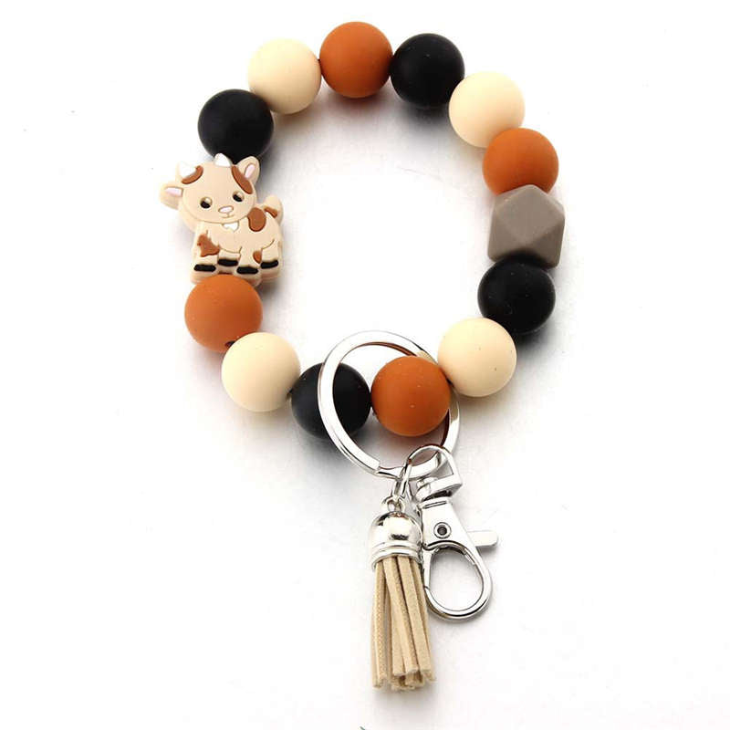 Silicone Bead Animal Charm Tassel Keychain Wristlet