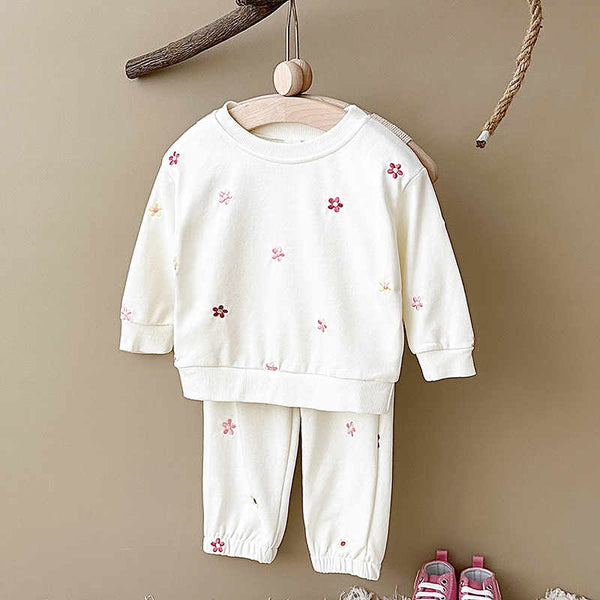 Baby Girl Flower Embroidered Sweatshirt Suit