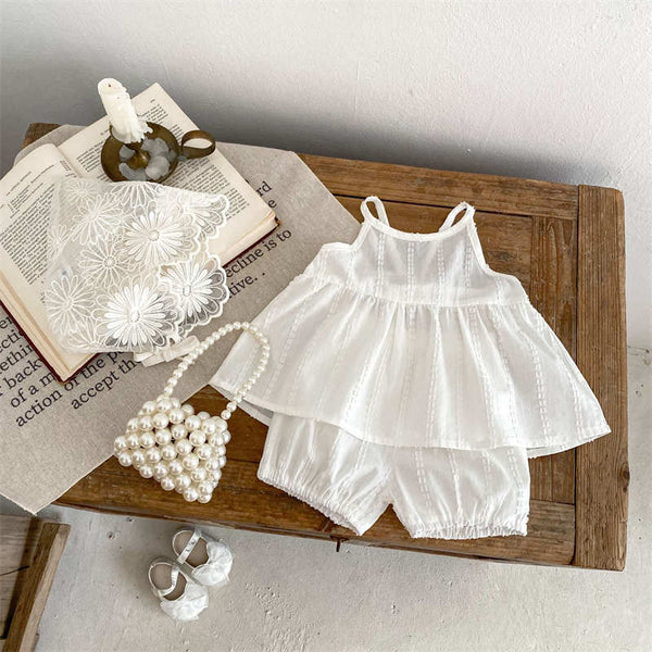 Girls Suspenders White Suit Shorts Two Piece Set