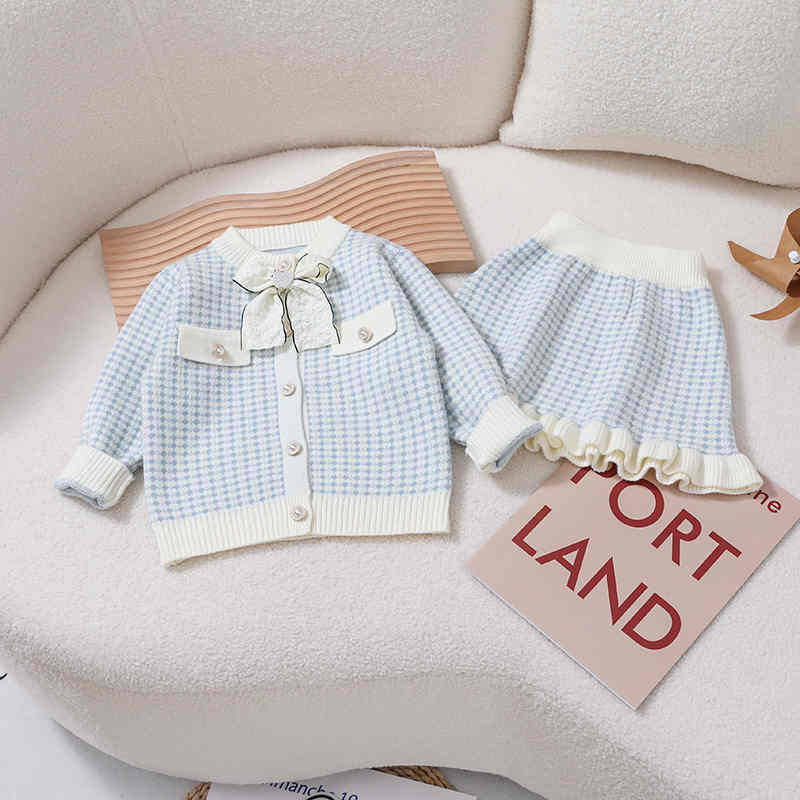 Sweater Skirt Bow Knitted Girls Two Piece Suit