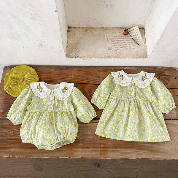 Sisters' Baby Doll Collar Embroidered Bodysuit Dress