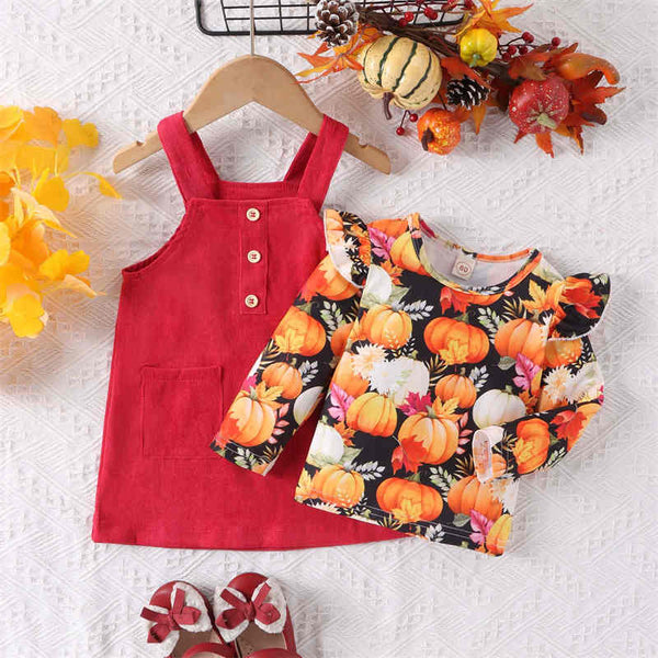 Pumpkin Print Corduroy Suspender Skirt 2-Piece Set