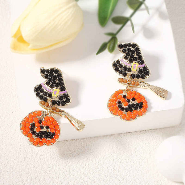 Halloween Creative Broom Hat Pumpkin Earrings