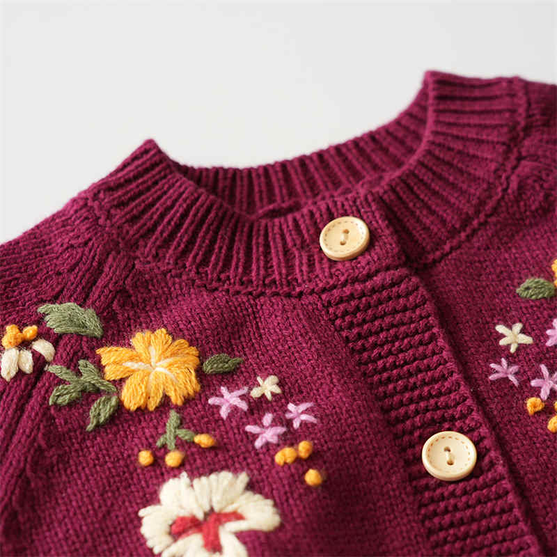 Wine Red Embroidered Children Knitted Sweater