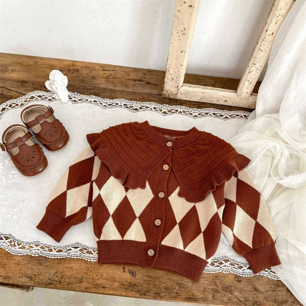 Baby Girl's Large Lapel Plaid Cardigan Sweater