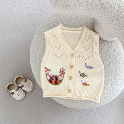 Cat and Fish Embroidered Knitted Vest Sweater