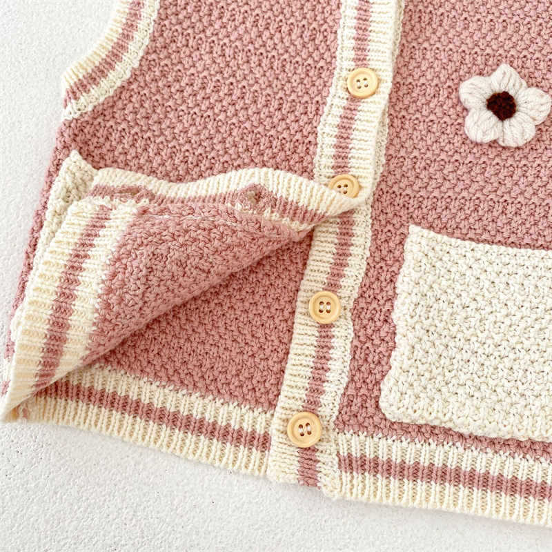 Pink Baby Pocket Flower Knit Vest Sweater