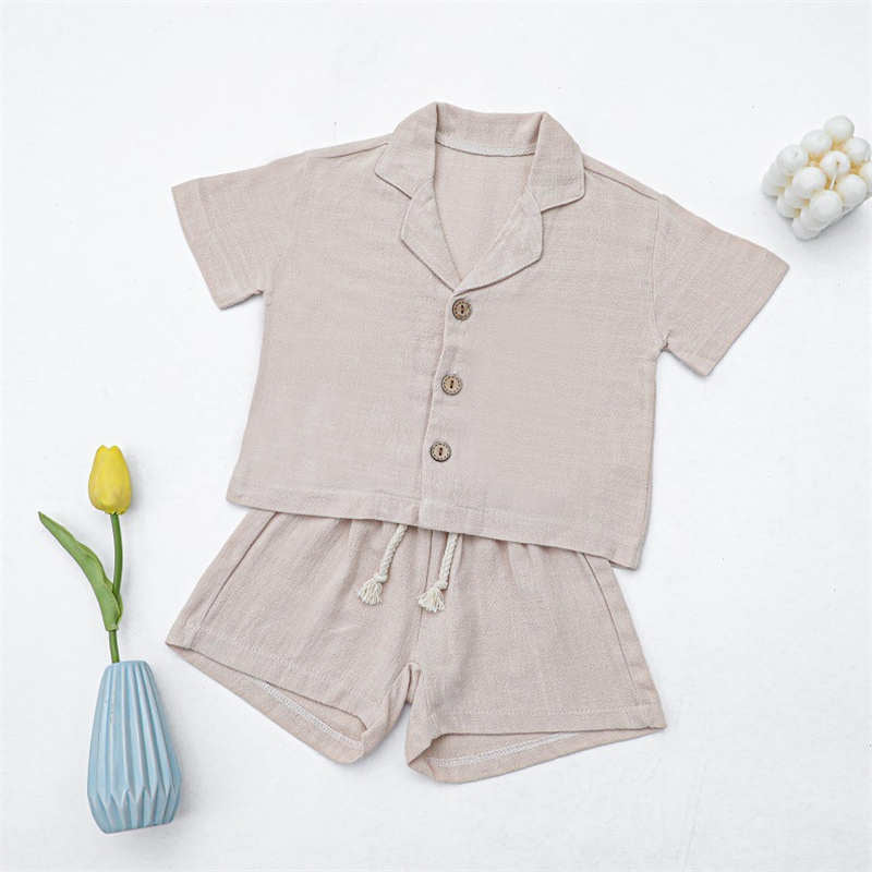 Children's Solid Color Cotton and Linen Shirt Set