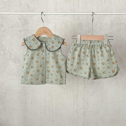 Flowers Doll Collar Cardigan Shorts Suit