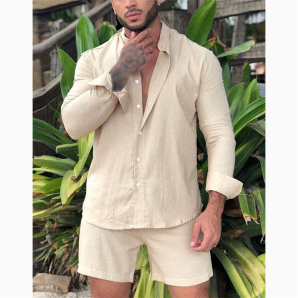 European and American Men's Casual Cotton and Linen Suits Home Clothes Loose Long-sleeved Shorts Two-piece Suit