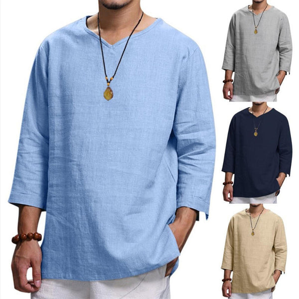 Men's Long Sleeve V-Neck Cotton Linen Loose Shirt Comfort Man Pure Color Tops