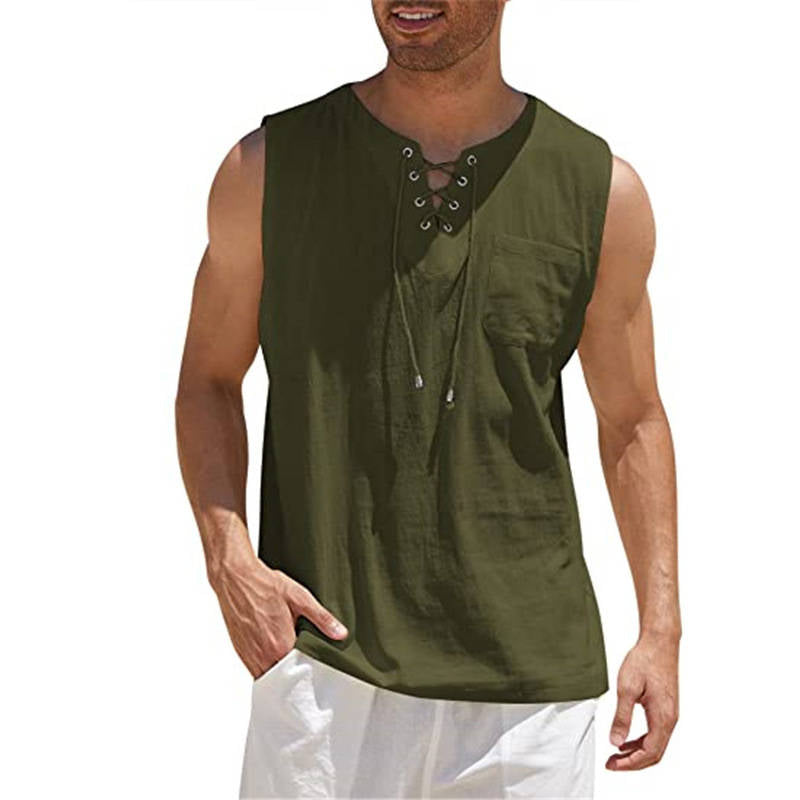 Men's Tank Top Shirt Lace Up Fashion Solid Color Cotton Linen Short Sleeve T-Shirt