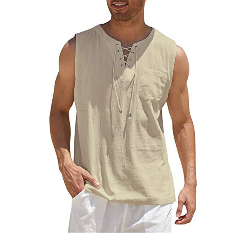 Men's Tank Top Shirt Lace Up Fashion Solid Color Cotton Linen Short Sleeve T-Shirt