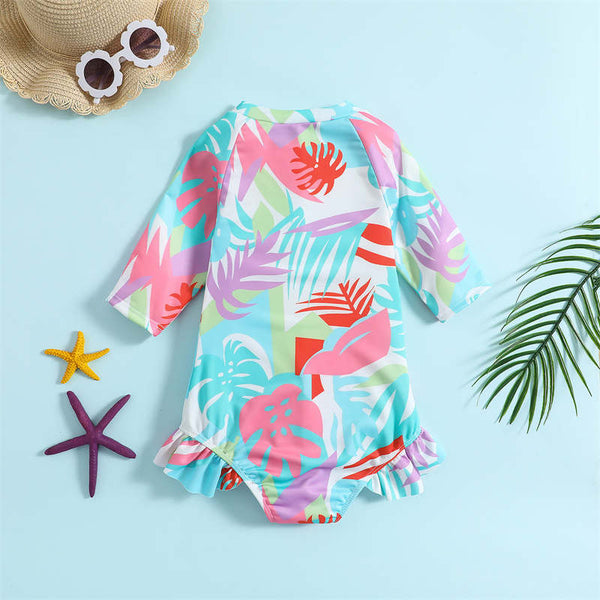 Girls' Mid Length Sleeve One Piece Swimsuit Beachwear