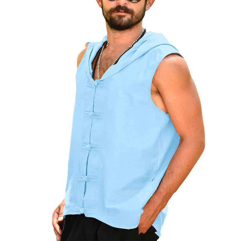 Summer Men's Solid Color Loose Button Hooded Vest Youth Fashion Casual Cotton Linen Top